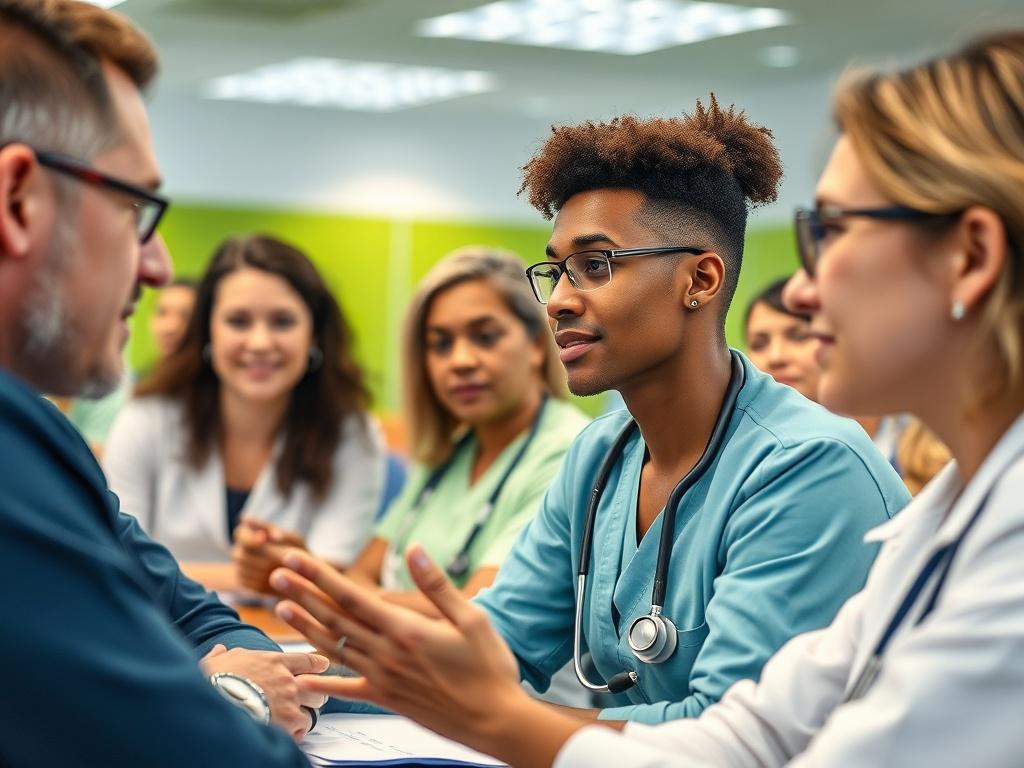 A vibrant close-up shot of a health training session in progress, featuring a diverse group of healthcare professionals engaged in an interactive discussion. The setting is a well-lit classroom with green accents, capturing the energy and focus of the participants, shot with a 45mm f/1.2 lens.