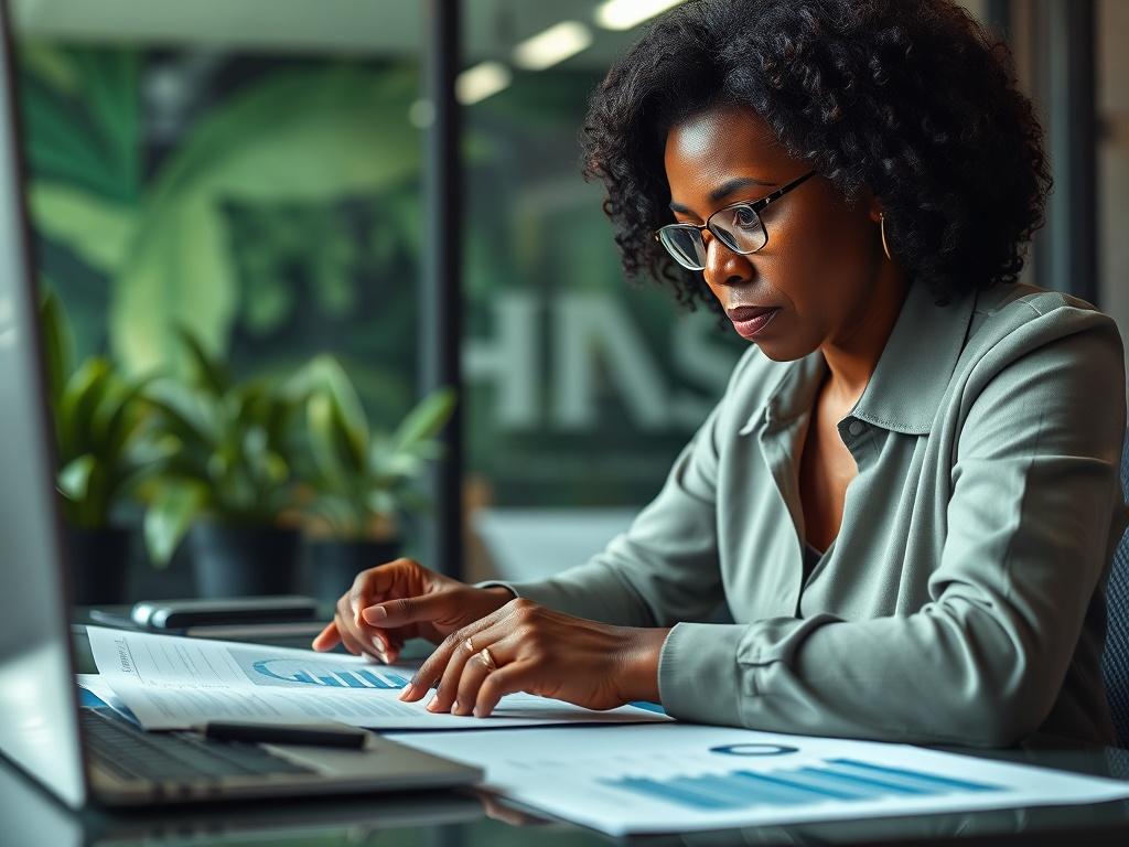 A focused close-up shot of a health planner working on a strategy document in an office setting. The planner, a middle-aged African woman, is reviewing charts and graphs on her desk, with a green-themed background that reflects health and vitality, shot with a 45mm f/1.2 lens.