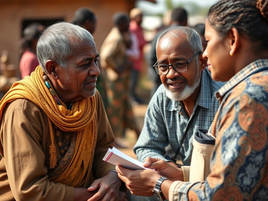 A close-up shot of a healthcare evaluator conducting an interview with a community member in a field setting. The evaluator is taking notes while listening attentively, with a backdrop of a vibrant community environment. The focus is on the interaction, showcasing the importance of local insights.