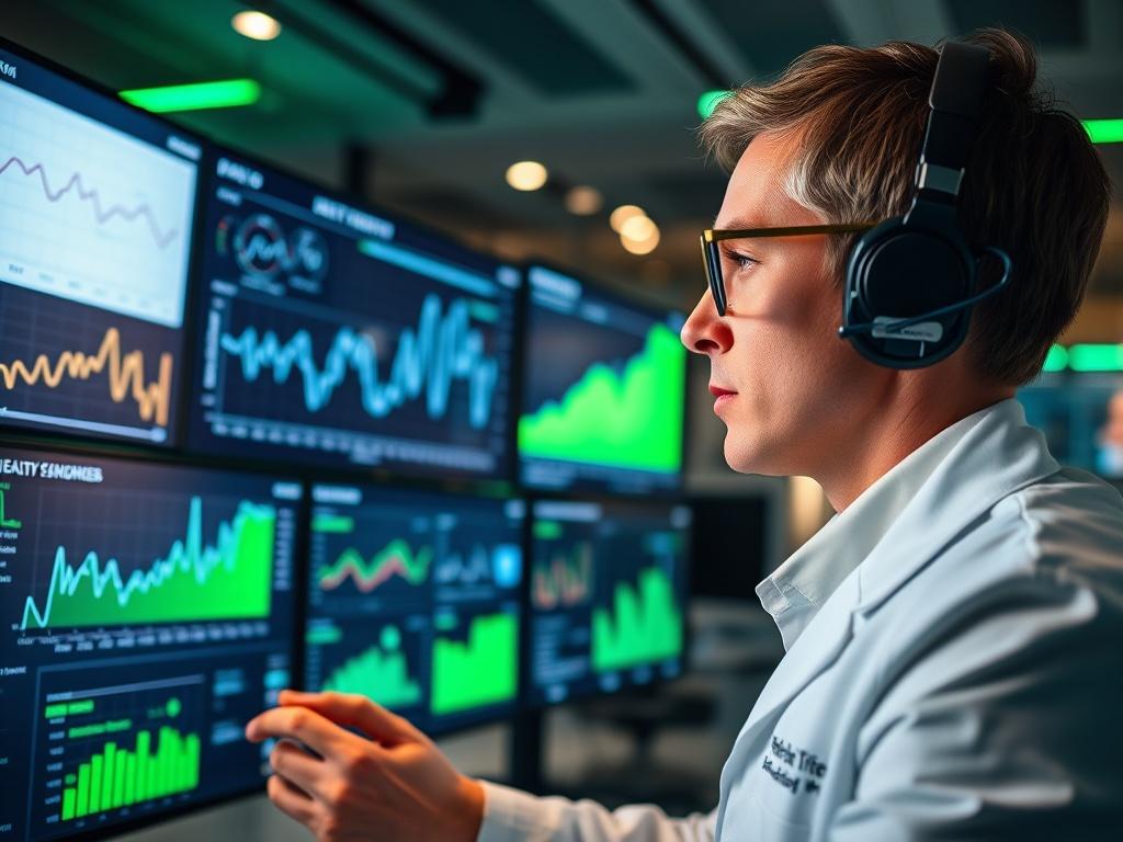 A close-up of a healthcare analyst reviewing real-time health data on a digital dashboard. The setting is a modern office filled with screens displaying various health metrics. The atmosphere is focused and professional, with a green accent lighting to emphasize health and vitality.