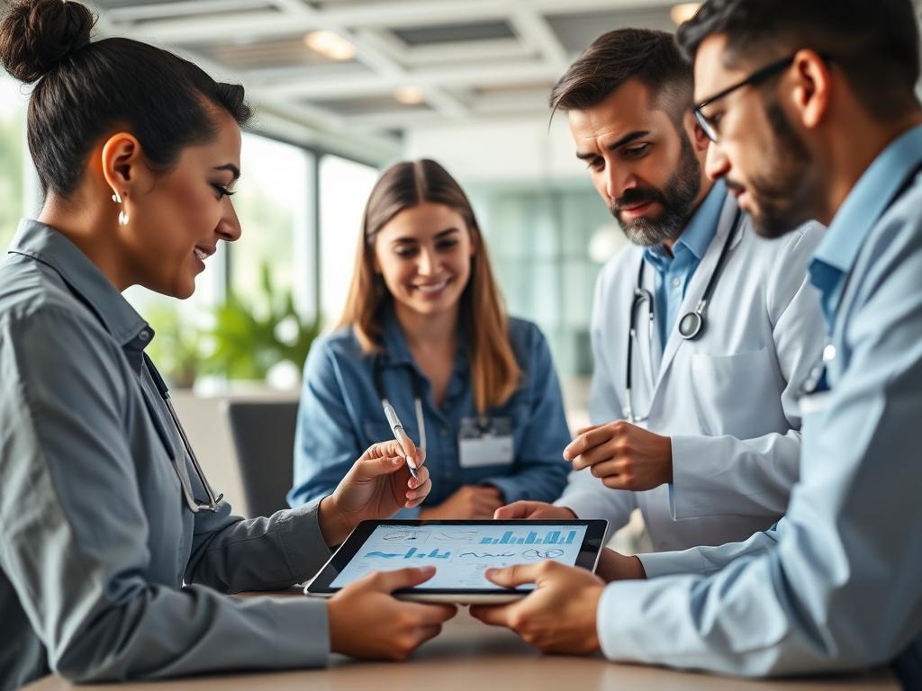 A close-up shot of a strategic planning meeting in a bright, modern office setting. The focus is on a diverse group of healthcare professionals discussing over a large digital tablet displaying health data. The background is blurred to emphasize the teamwork and collaboration, with natural light illuminating the scene.