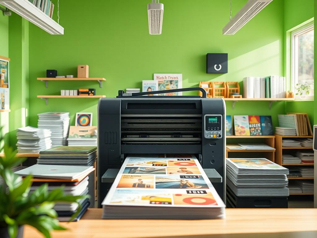 A bright, fresh green toned workspace featuring a printing machine