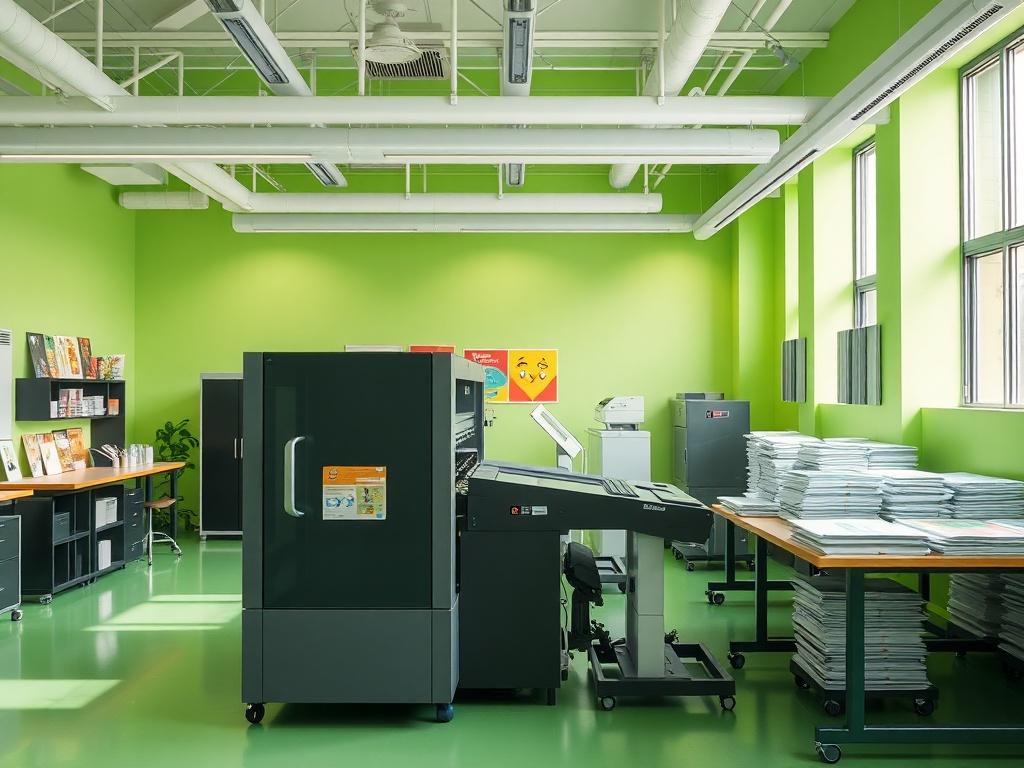 A clean and modern printing studio with bright green tones,