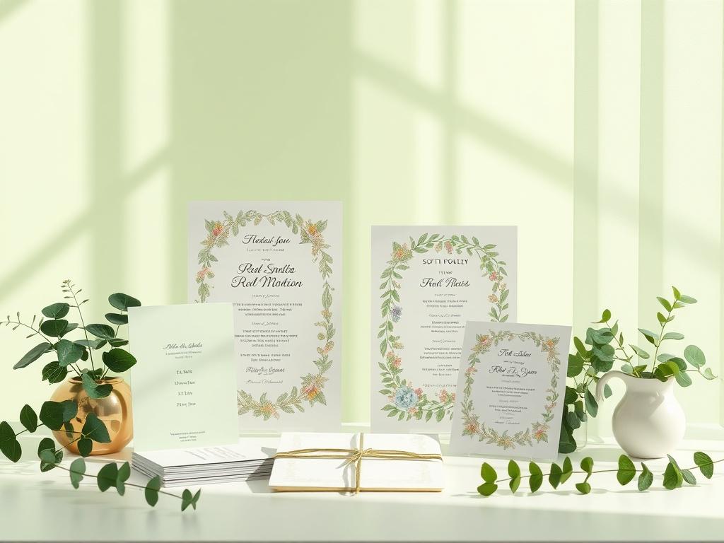 An elegant setup showcasing personalized print products like wedding invitations,