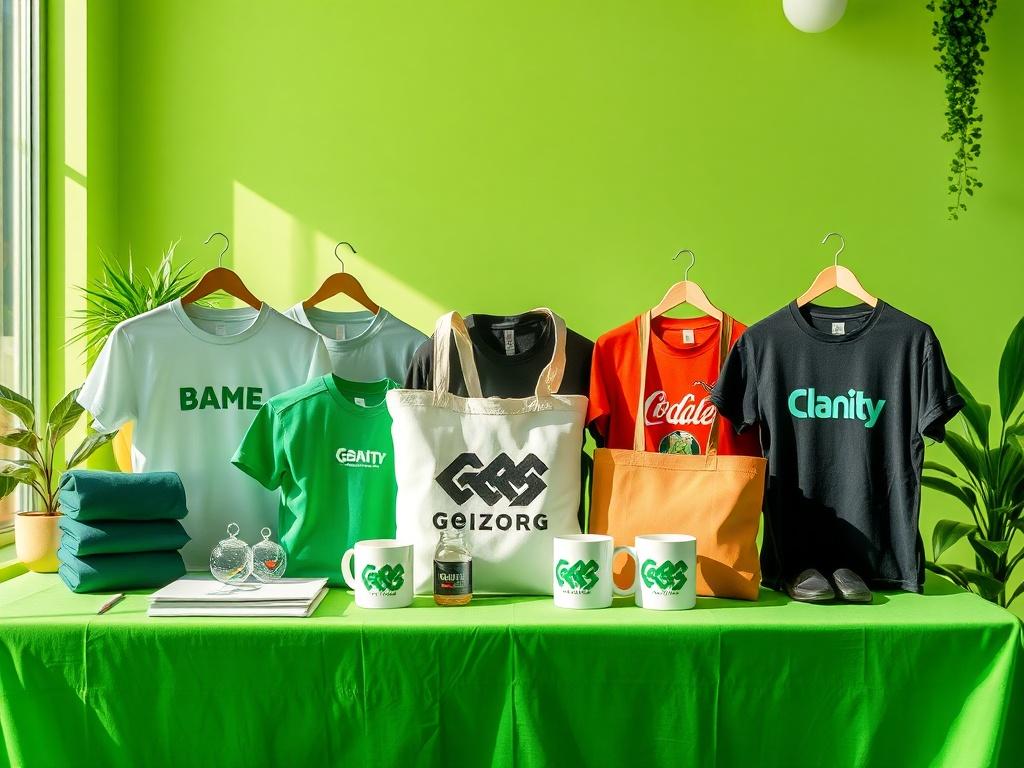 A vibrant display of promotional items like custom t shirts,