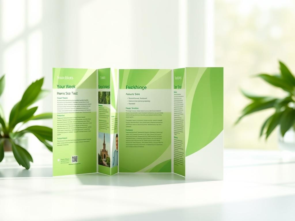 A high-resolution photo of beautifully arranged tri-fold brochures in an elegant setting, illuminated by soft natural light. The background should be simple, allowing the brochures’ vivid colors and professional finish to stand out, projecting a sense of quality.