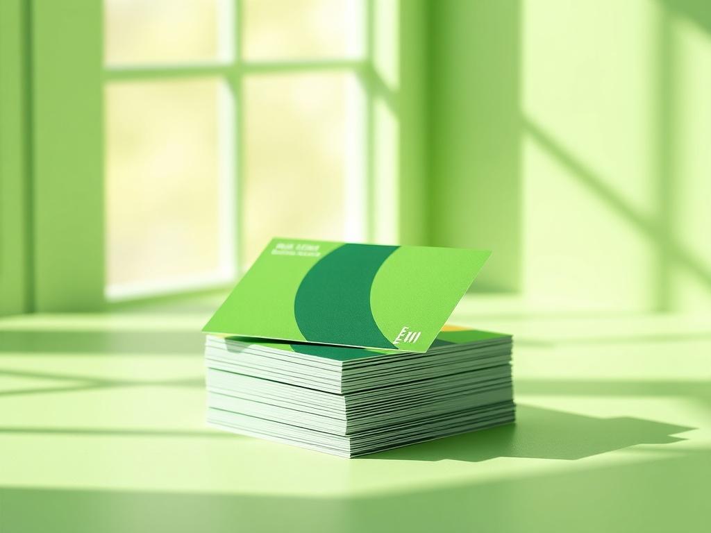 A bright and fresh green high-resolution photo showcasing a stack of business cards with a sleek design in a soft natural light setting. The background should be simple and inviting, emphasizing the cards' quality and vibrant colors, creating a professional atmosphere.