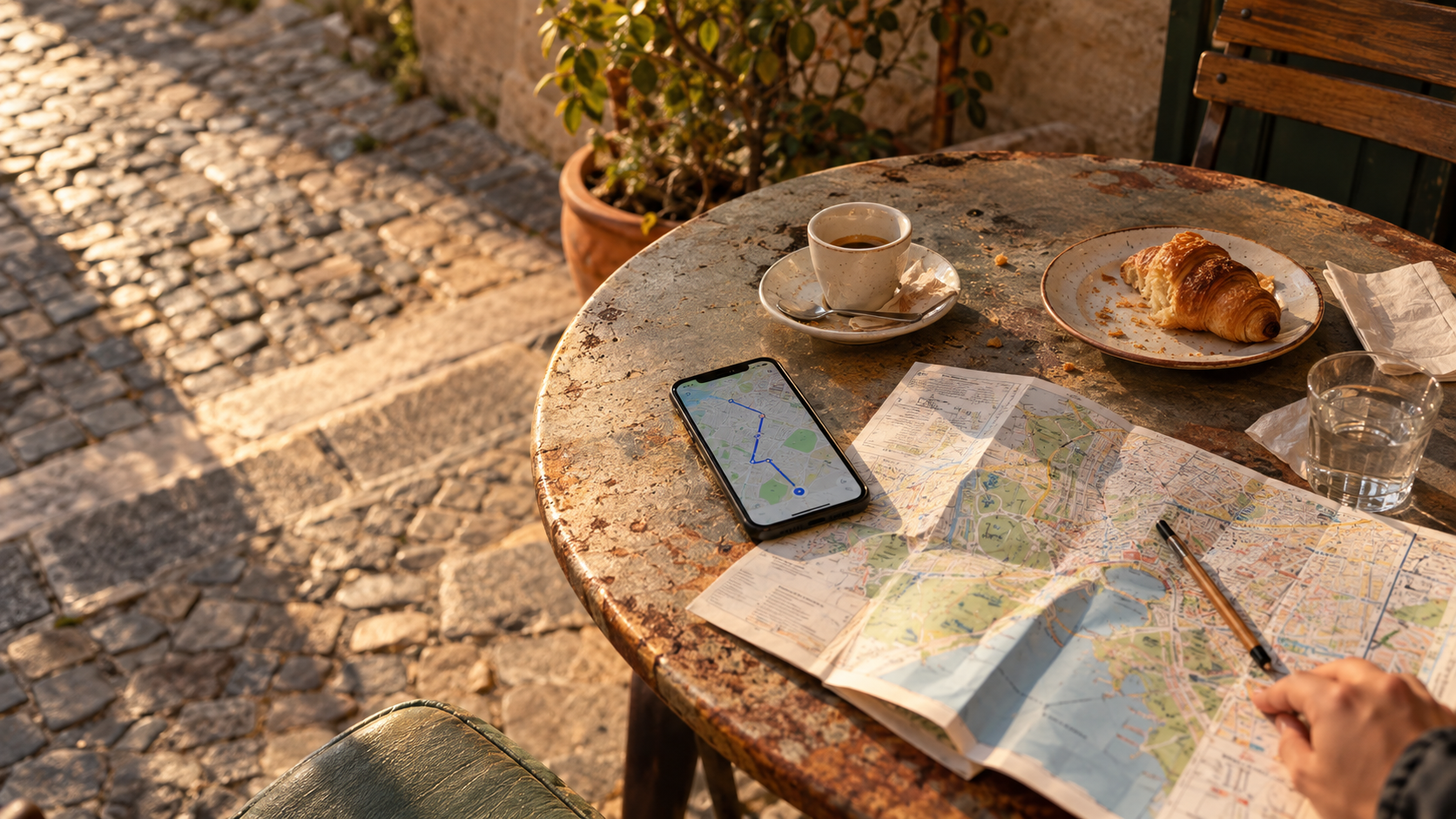 Mid-trip café table seen from slightly above: an open paper map, a half-finished espresso and a phone showing a walking route