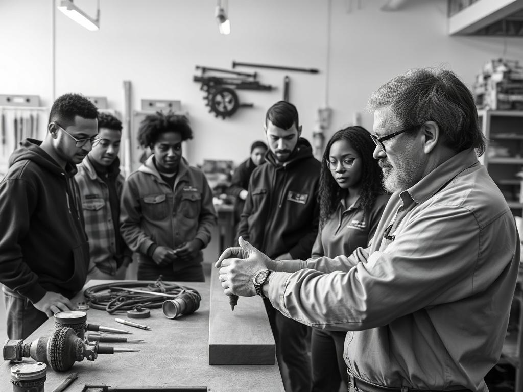 A high-resolution black and white photograph featuring a diverse group of individuals engaged in a hands-on apprenticeship training program. In the foreground, a mentor is demonstrating a skill to a small group of attentive apprentices, showcasing a sense of collaboration and learning. The background is a simple, well-lit training environment, filled with tools and equipment relevant to their field. The composition emphasizes the mentor-apprentice relationship and the importance of skill development, with a