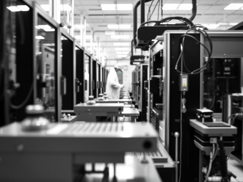 A realistic high-resolution photo of a semiconductor manufacturing facility, showcasing advanced machinery and cleanroom environments. The image should focus on a single piece of equipment in operation, with a blurred background to emphasize the subject. The setting should reflect a sterile and high-tech atmosphere, with technicians wearing cleanroom attire in the background. The overall composition should be simple and clear, highlighting the precision and sophistication of semiconductor manufacturing.