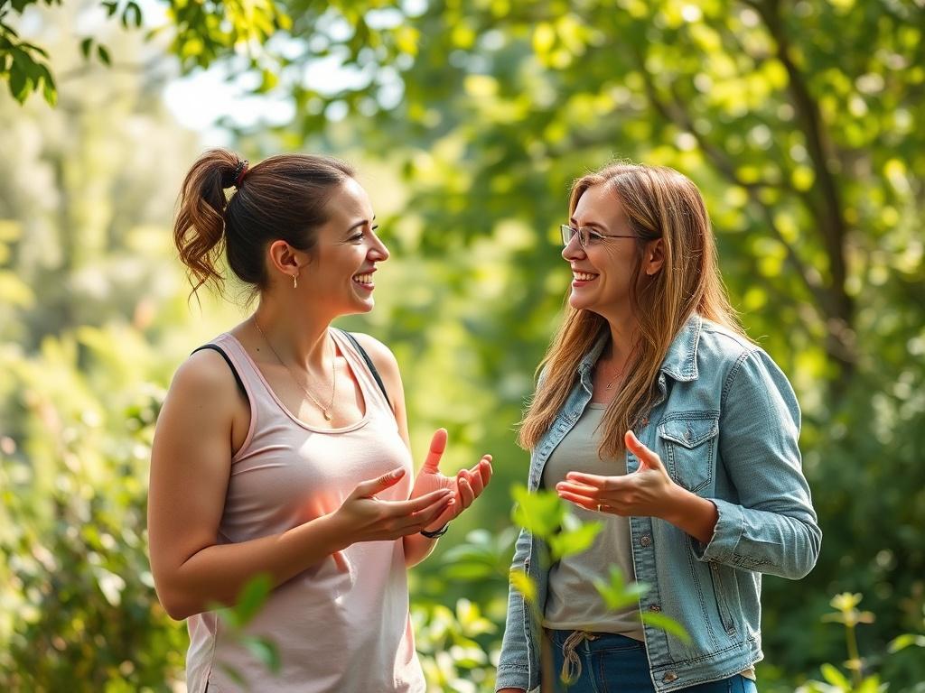 A health coach and client in an outdoor setting, discussing