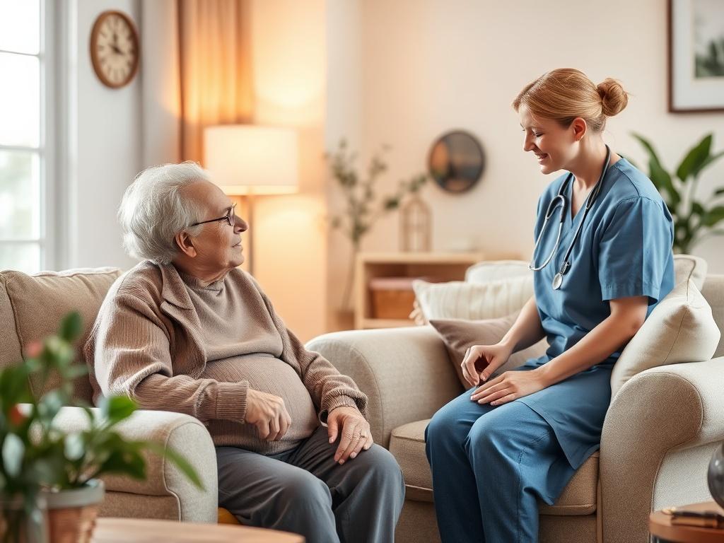 A serene, high-resolution photo of an elderly person sitting comfortably in a cozy living room, surrounded by soft lighting and peaceful decor. The person is engaged in a conversation with a friendly caregiver, who is offering assistance. The atmosphere exudes warmth and compassion, with gentle tones that complement the caring environment.