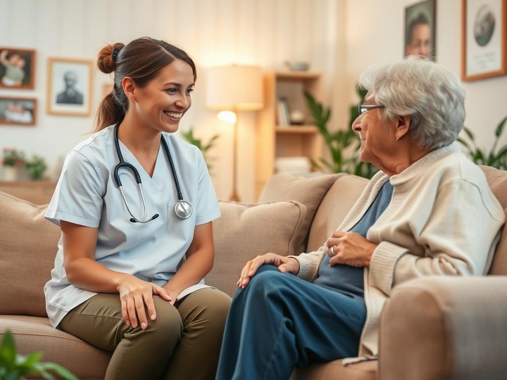 Create a realistic high-resolution photo of a warm and inviting living room, featuring a friendly caregiver sitting on a comfortable couch, engaged in conversation with an elderly client. The room should have soft lighting and gentle colors, with elements like family photos on the walls and plants in the background, creating a peaceful atmosphere. The caregiver should be smiling and attentive, reflecting compassion and professionalism.