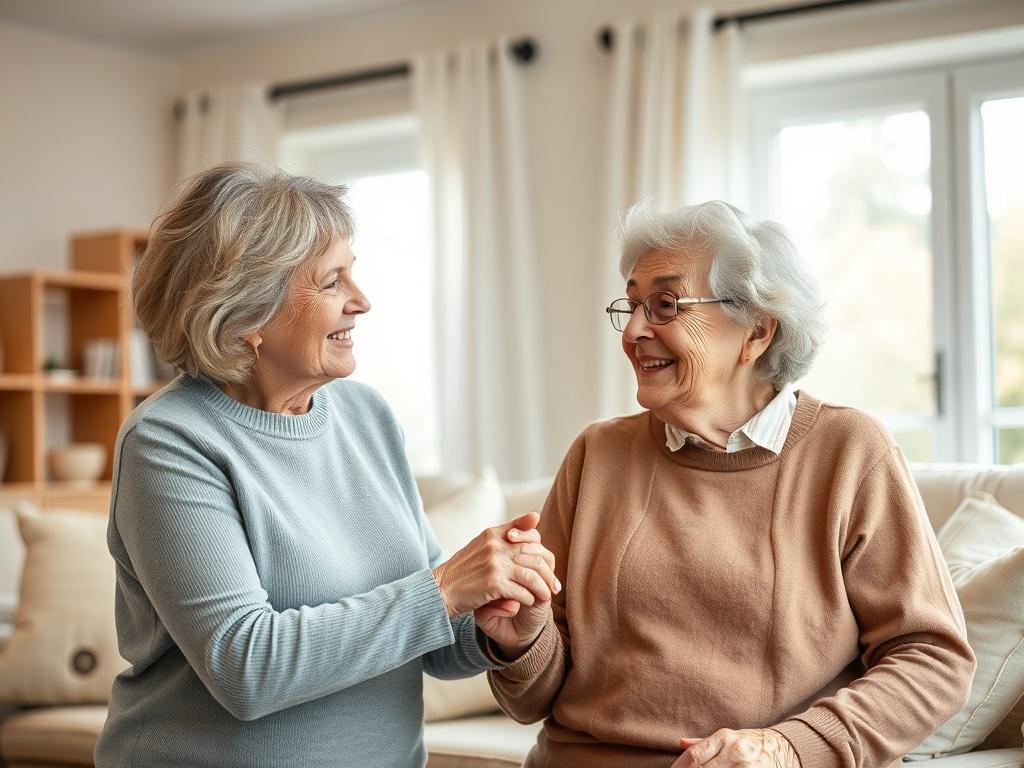 A comforting scene depicting a caregiver assisting an elderly person in a cozy, well-lit living room. The caregiver, a middle-aged woman with a warm smile, is gently holding the elderly person's hand, who looks content and relaxed. In the background, soft-toned furnishings, a window with natural light filtering in, and a peaceful atmosphere enhance the feeling of care and support.