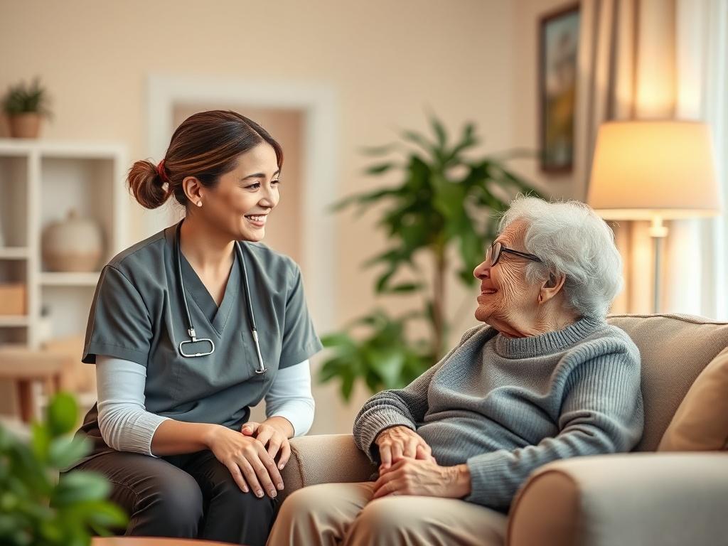 A warm and inviting living room setting where a caring staff member is sitting with an elderly person, engaging in a thoughtful conversation. The atmosphere is soft and peaceful, with gentle lighting and comfortable furniture. The elderly person appears relaxed and engaged, showcasing a sense of trust and comfort.