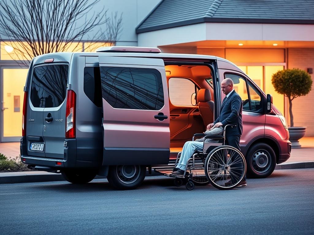 A wheelchair-accessible van parked outside a medical facility, with a caring driver assisting a client in a wheelchair. The scene conveys a sense of safety and professionalism, with soft lighting and a welcoming atmosphere, highlighting the importance of accessible transportation.