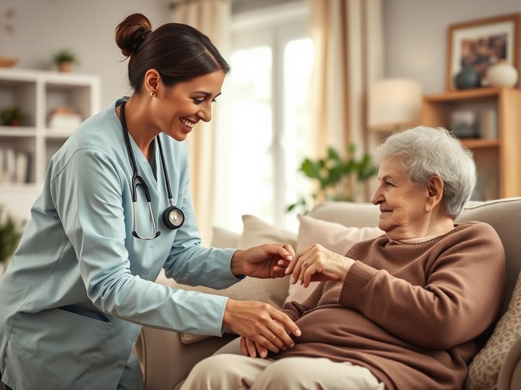 A compassionate caregiver assisting an elderly person with daily activities in a cozy living room. The caregiver is smiling and attentive, while the elderly person is engaged and comfortable. The room is filled with soft tones and natural light, creating a serene and inviting atmosphere.