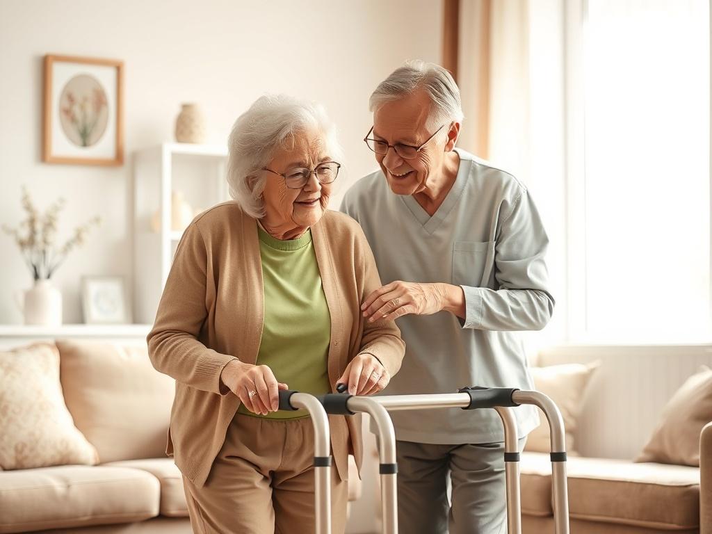 A warm and inviting image of a caregiver gently assisting an elderly person in a well-lit, cozy living room. The caregiver is smiling and providing support as the elderly person holds onto a walking aid. The background features soft-toned decor and natural light streaming through a window, creating a peaceful atmosphere. The overall composition should evoke feelings of comfort, care, and companionship.