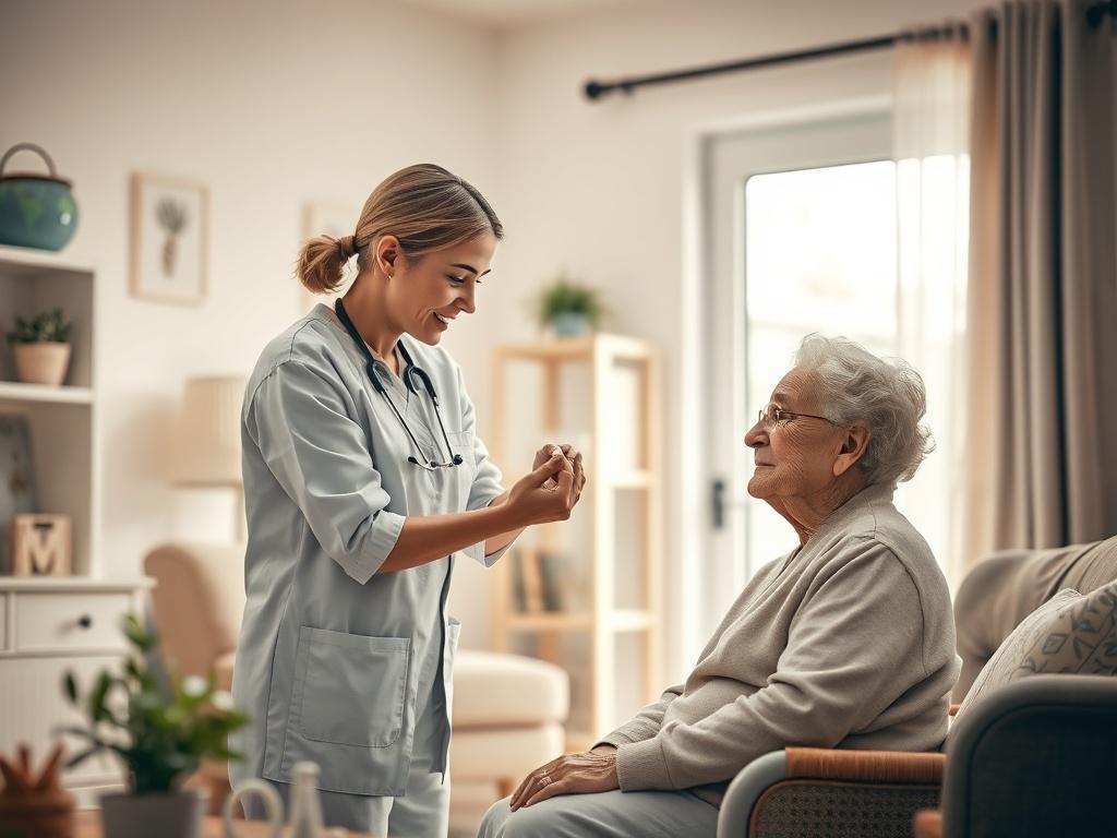 A serene scene of a caregiver assisting an elderly person with daily activities, showcasing a warm and caring interaction in a cozy home setting. The caregiver is gently helping the elderly person with grooming in a well-lit, inviting room that radiates a peaceful atmosphere.