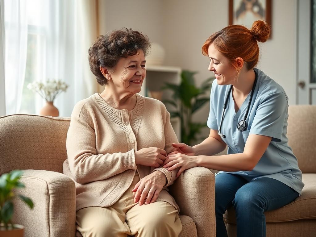 An inviting scene depicting a caregiver providing temporary care to an elderly individual while the family caregiver enjoys a well-deserved break in another room. The environment feels safe and nurturing, emphasizing the importance of caregiver support.