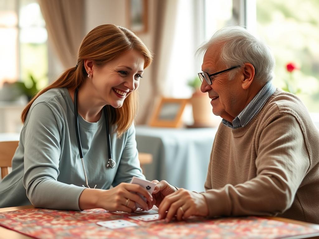 A heartwarming image of a caregiver and an elderly individual enjoying a friendly game of cards at a table in a bright, cheerful room. The atmosphere is cozy, filled with natural light, creating a welcoming and friendly environment.