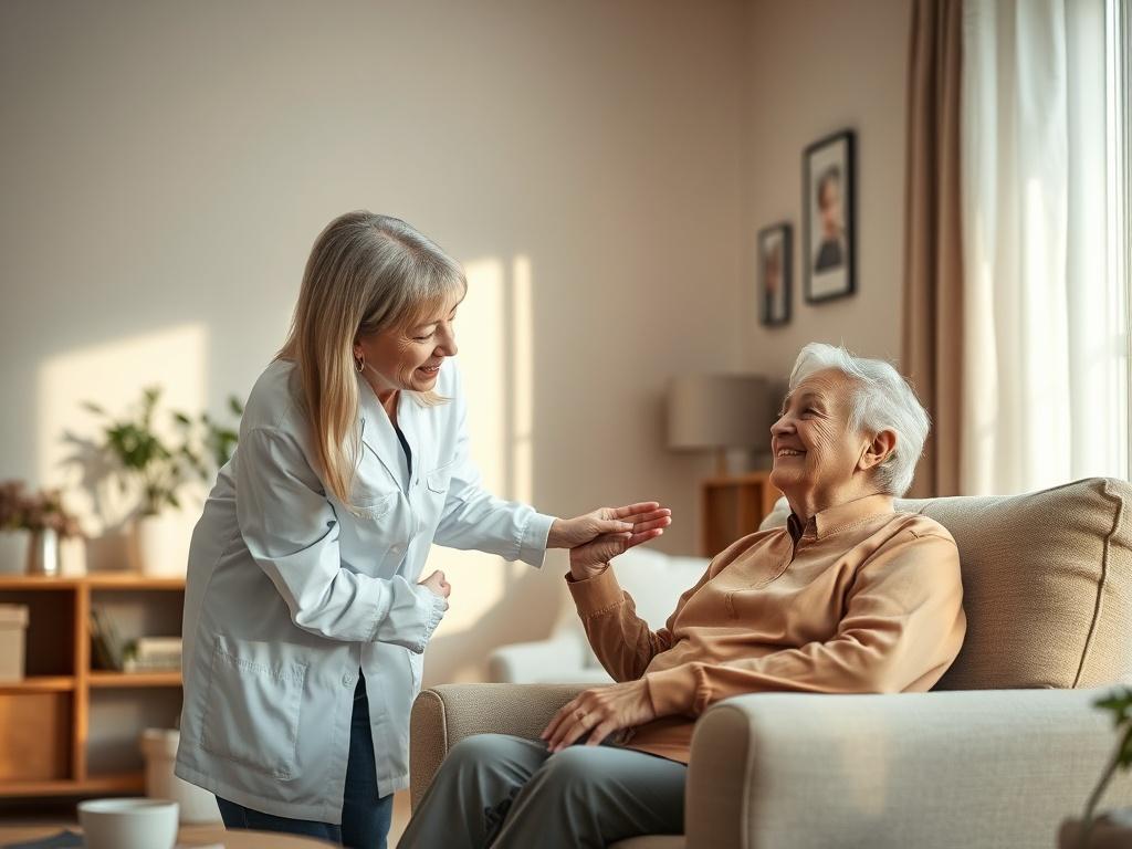 A serene scene depicting a caregiver assisting a senior adult