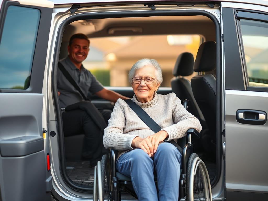 A friendly driver assisting a senior in a wheelchair into
