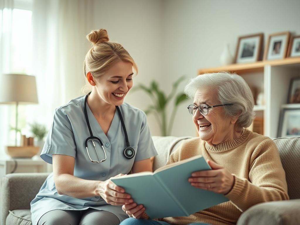 A caring caregiver assisting a senior in a warm, inviting