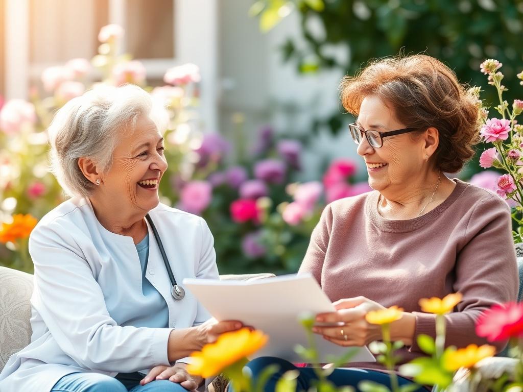 A cheerful caregiver and a senior sitting together in a