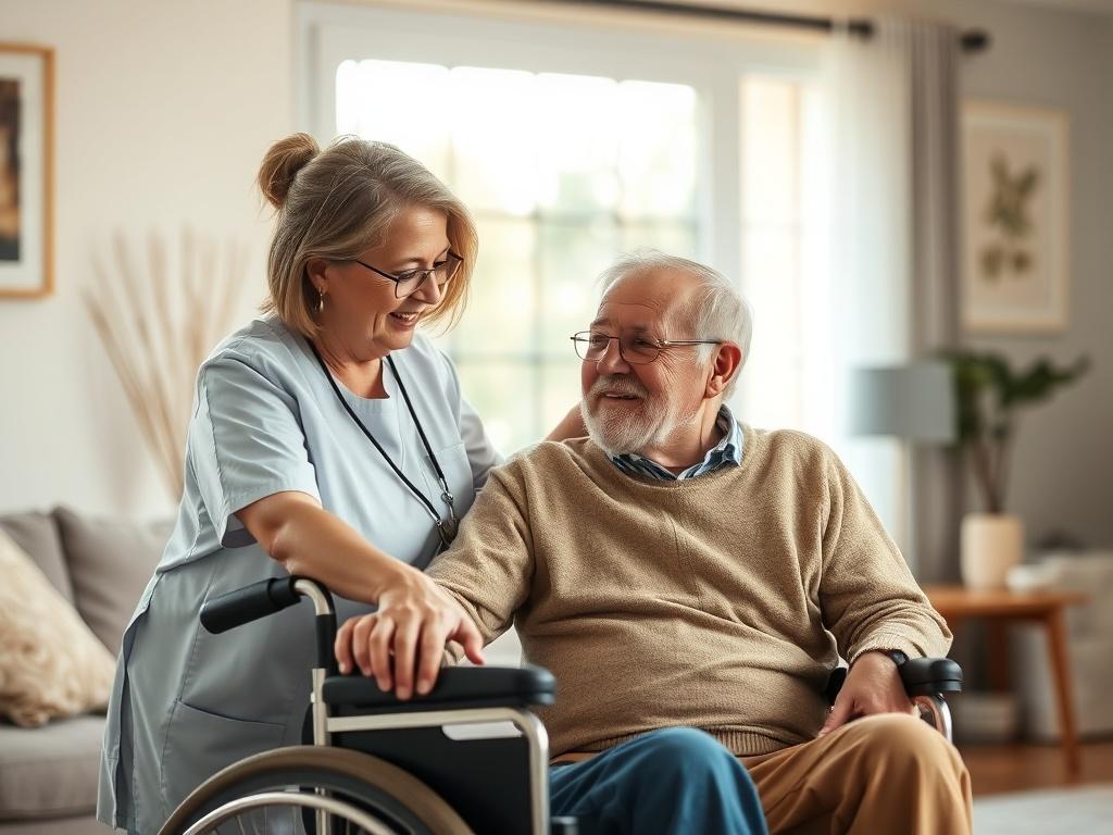 A serene and inviting scene of a caregiver gently helping a senior client in a cozy home setting. The caregiver, a middle-aged woman with a warm smile, is assisting an elderly man in a wheelchair, both appearing comfortable and at ease. Soft, natural light filters through a window, casting a peaceful glow on the room. The background features a simple, well-kept living space with subtle decor, emphasizing a calming atmosphere.