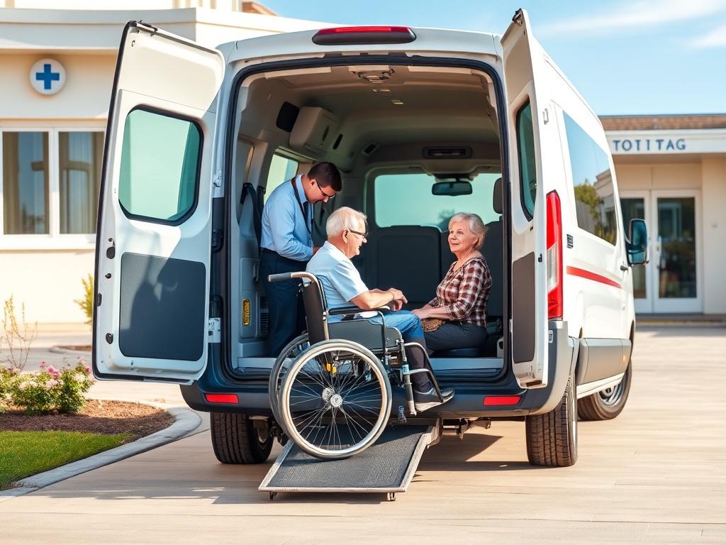 A wheelchair-accessible van parked outside a bright and welcoming medical facility. The driver, dressed in professional attire, is assisting a senior individual in a wheelchair into the van. The scene conveys safety and support, with the van featuring clear accessibility features. The background shows a clear blue sky and well-maintained surroundings, emphasizing the reliability of the service.