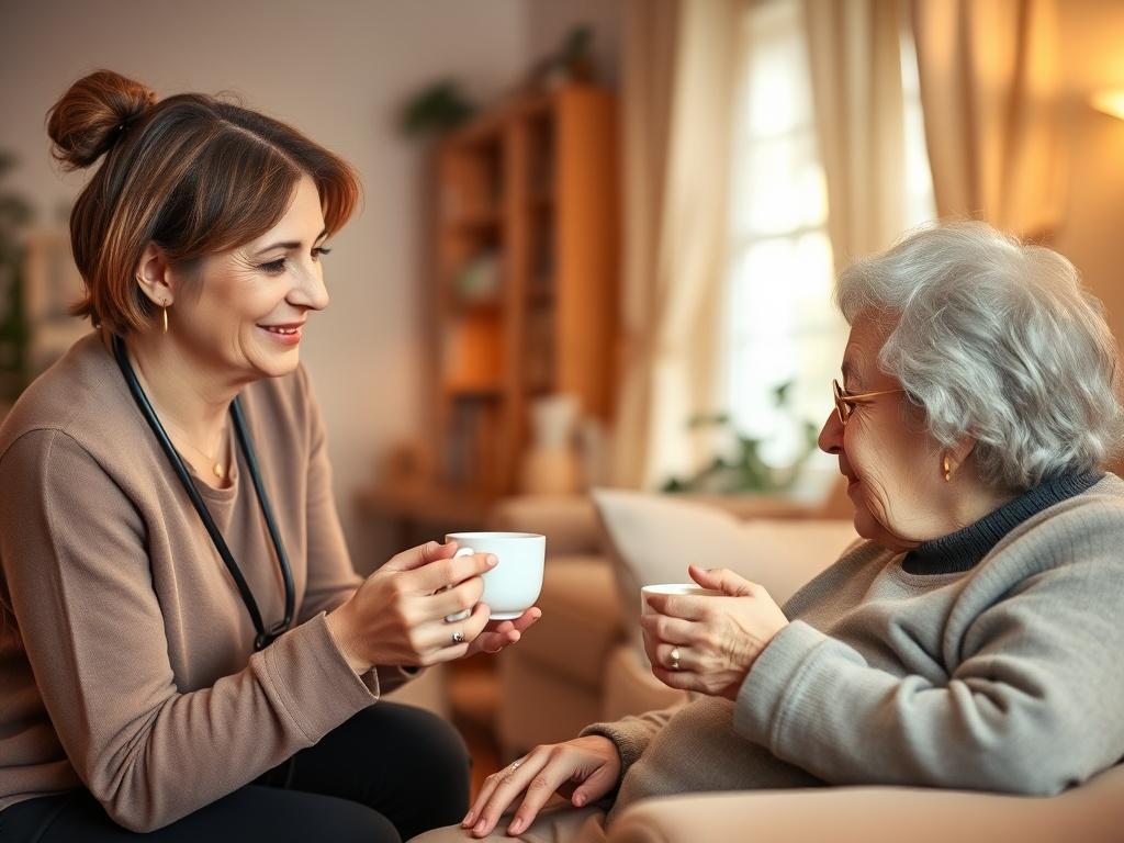 A warm, inviting home setting where a caregiver is engaged in conversation with an elderly person over a cup of tea. The caregiver displays empathy and attentiveness, reflecting the compassionate support offered. The background is softly lit, with comfortable furnishings and personal touches that make the space feel homey and safe, conveying a sense of trust and comfort.