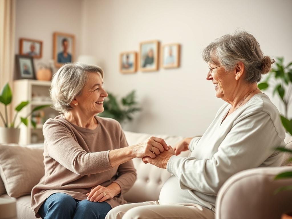 A serene home environment with a caregiver gently assisting an elderly person in a cozy living room. Soft lighting creates a warm atmosphere, with comfortable furniture and soft-toned decor. The caregiver, a compassionate individual, is smiling while helping the elderly person with daily tasks, showcasing care and companionship. The background includes family photos and calming plants, enhancing the peaceful ambiance.