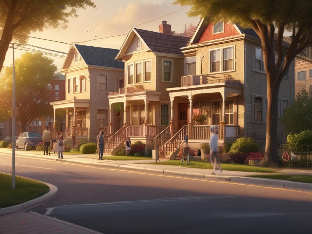 A vibrant family friendly neighborhood with children playing outside