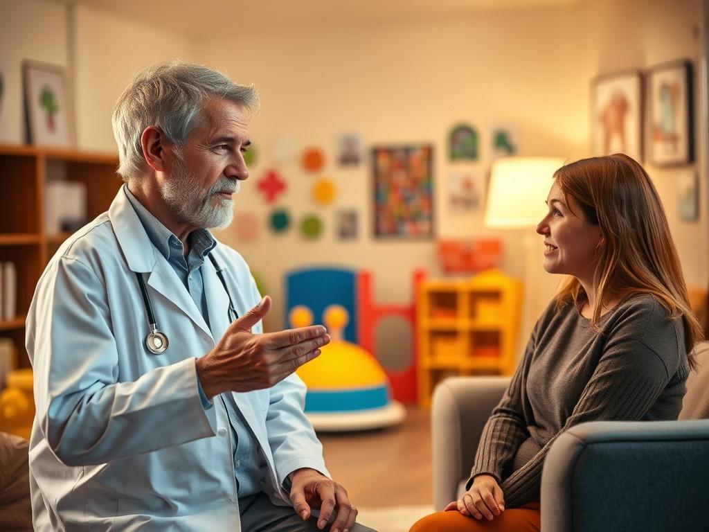 A male doctor in his 50s with salt and pepper hair, wearing a white lab coat, giving friendly advice to a 30-year-old mother. The doctor has a serious yet approachable expression, gesturing towards a colorful play area in the background. The mother looks attentive and engaged, with a calm demeanor. The scene is set in a softly lit consultation room that conveys warmth, with comfortable seating and children’s artwork on the walls.