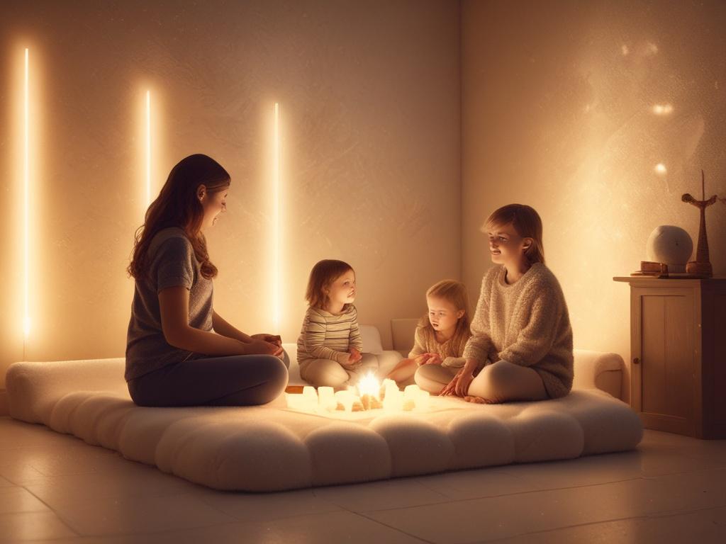 A serene scene of a family enjoying a halotherapy session in a salt room. The room is softly lit with golden hues, and salt crystals are visible on the floor. Children are playing with soft toys while parents sit comfortably, sharing smiles and laughter. The atmosphere conveys relaxation and joy, highlighting the family connection in this unique wellness space.