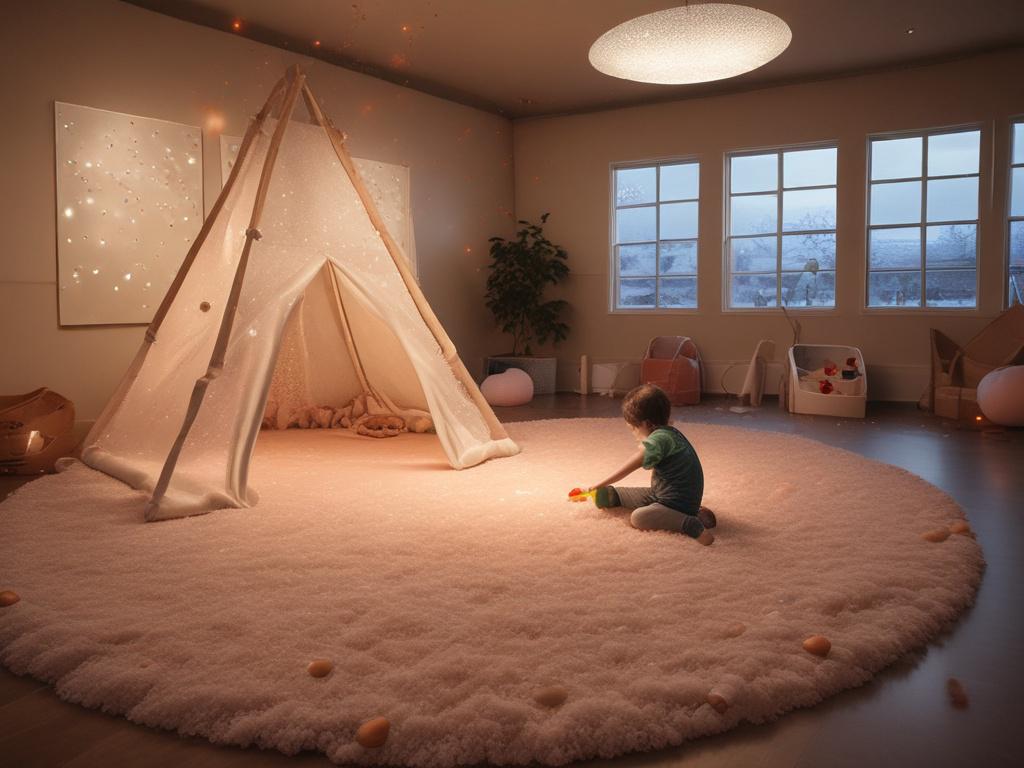 A cozy salt play room with soft golden lighting, featuring a child playing joyfully on a Himalayan salt floor. The room is filled with soft play equipment made of natural materials, creating a serene atmosphere. Parents are visible in the background, enjoying the calm environment as they watch their children play. The overall composition emphasizes warmth and relaxation, with a focus on the child interacting with the salt-covered area.
