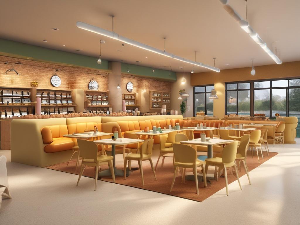 A charming café area within a soft play environment, featuring cozy seating and a menu board displaying healthy snacks and drinks. Soft golden lighting creates a welcoming atmosphere, with families enjoying refreshments as they watch their children play nearby. The scene captures a sense of community and warmth, showcasing the seamless integration of wellness and fun.