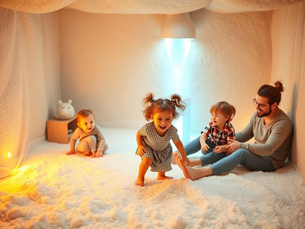 A cozy and serene indoor salt play space featuring a joyful family of four: a mother, father, and two young children playing together. The room is covered with fine sea salt, and in the background, a halogenerator emits a soft mist. The family is engaged in playful activities, surrounded by a warm golden hue of soft lighting that creates a calming atmosphere. The children are laughing and exploring the salt-covered floor, while the parents smile and relax nearby, enjoying the experience. The overall composi