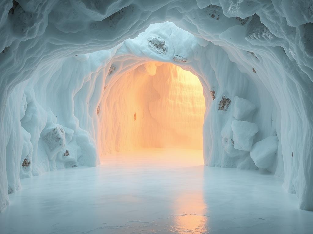 A realistic high-resolution photo of a natural salt cave, featuring walls made of salt crystals and a soft, warm glow illuminating the space. The air appears refreshing with a slight steam visible, creating an inviting atmosphere. The cave is empty, emphasizing the serene and tranquil environment. The background should be simple and calming, showcasing the unique texture of the salt and the overall peaceful ambiance.