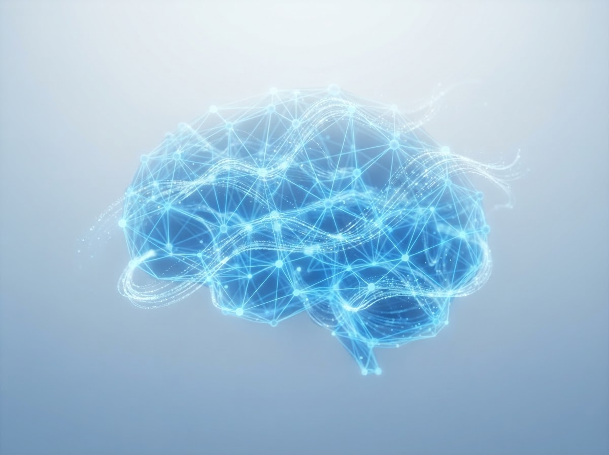 Luminous neural-network mesh with wind-like particle streams representing the AI data engine
