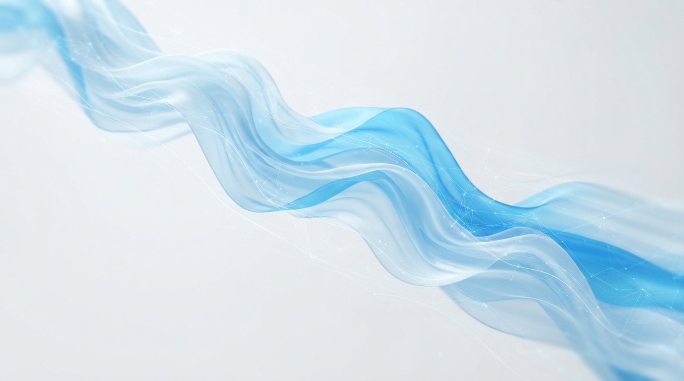 Flowing icy-blue silk fabric with data-viz overlays representing AI fashion analytics