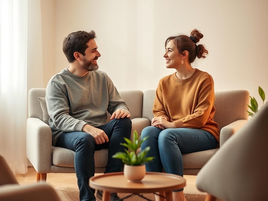 A couple sitting together in a cozy counseling room, engaged