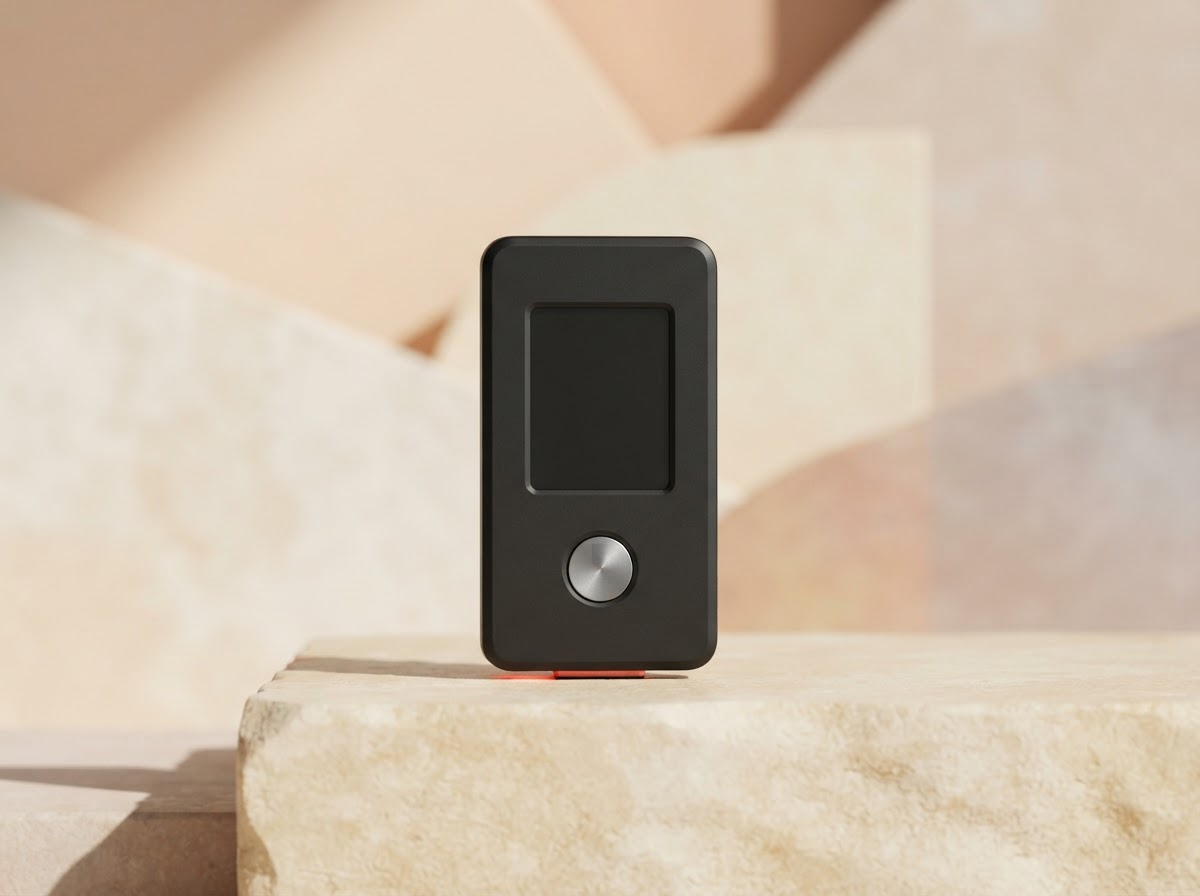 A generic hardware wallet device displayed as an editorial setup illustration