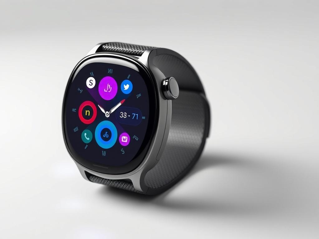 Create a realistic high-resolution photo showcasing a sleek and modern gadget that embodies innovation and cutting-edge technology. The subject should be a premium, futuristic smartwatch with a glossy screen displaying vibrant, colorful icons and notifications. Position the watch prominently in the center of the frame, capturing its reflective surface and intricate design details, such as a textured strap and stylish face. The background should be minimalistic and clean, using a soft gradient in shades of w