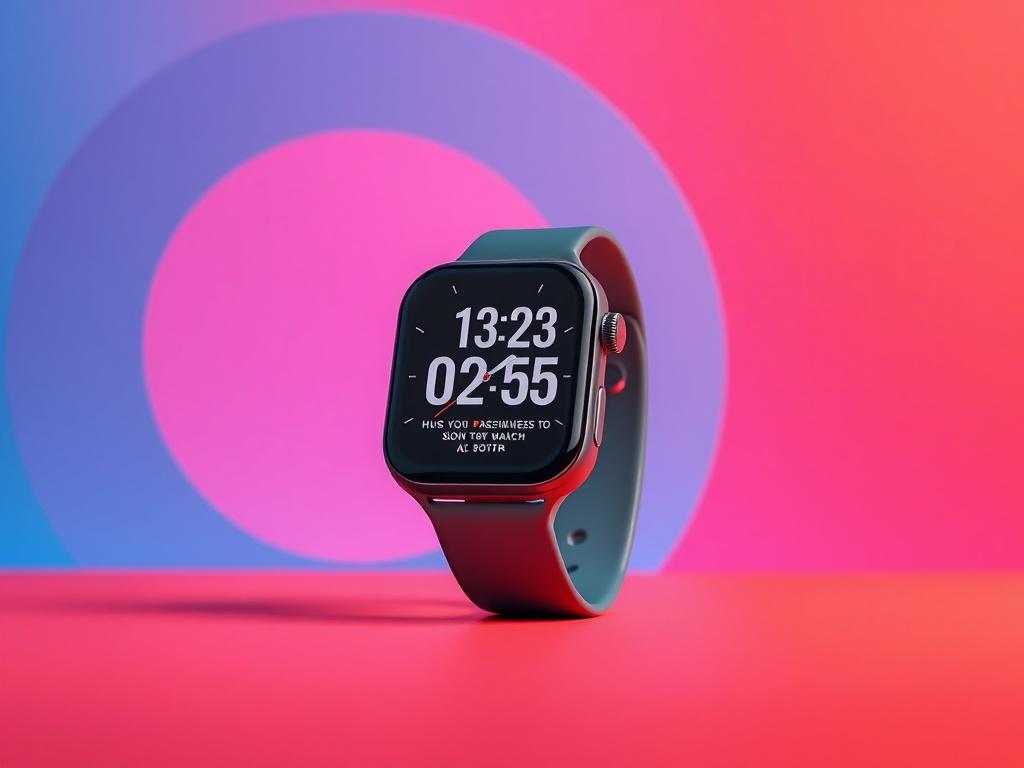 A sleek smartwatch displayed prominently on a vibrant background. The watch should have a modern design with a digital face showing time and fitness stats. The focus should be on the watch, with clean lines and minimal distractions in the background, using bold vibrant colors to highlight the smartwatch.