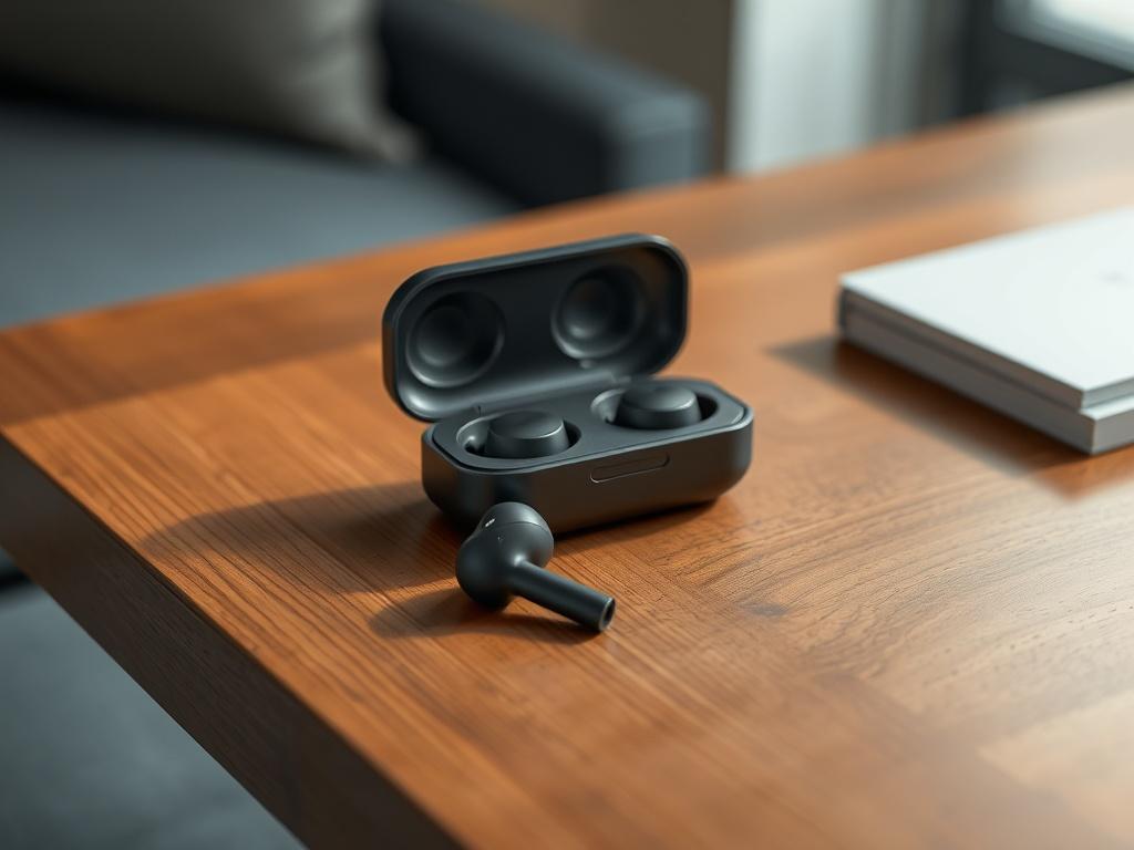 A pair of sleek wireless earbuds resting on a stylish wooden table. The earbuds should be displayed open with their charging case beside them. The setting should be minimalistic, with a soft focus on the earbuds, showcasing their modern design and highlighting their premium quality.