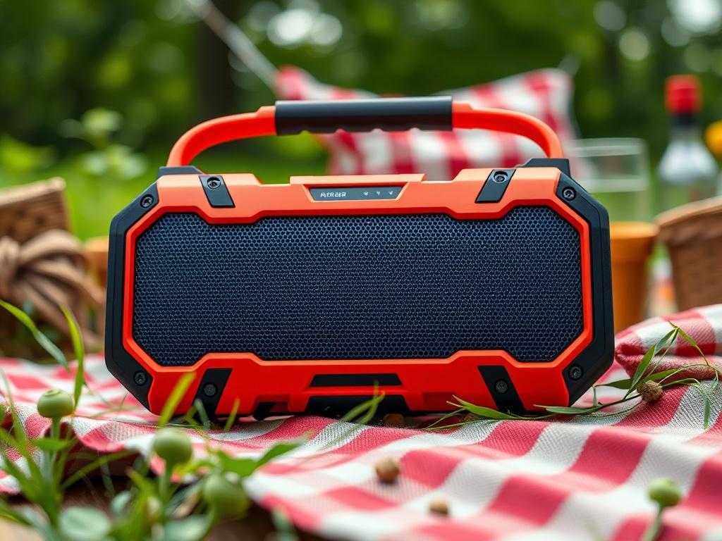 A vibrant Bluetooth speaker showcased outdoors, surrounded by nature. The speaker should be in focus, showing its rugged design and vibrant color. The background should include greenery and a picnic setup, suggesting a fun and lively atmosphere, emphasizing the product's portability and outdoor capabilities.