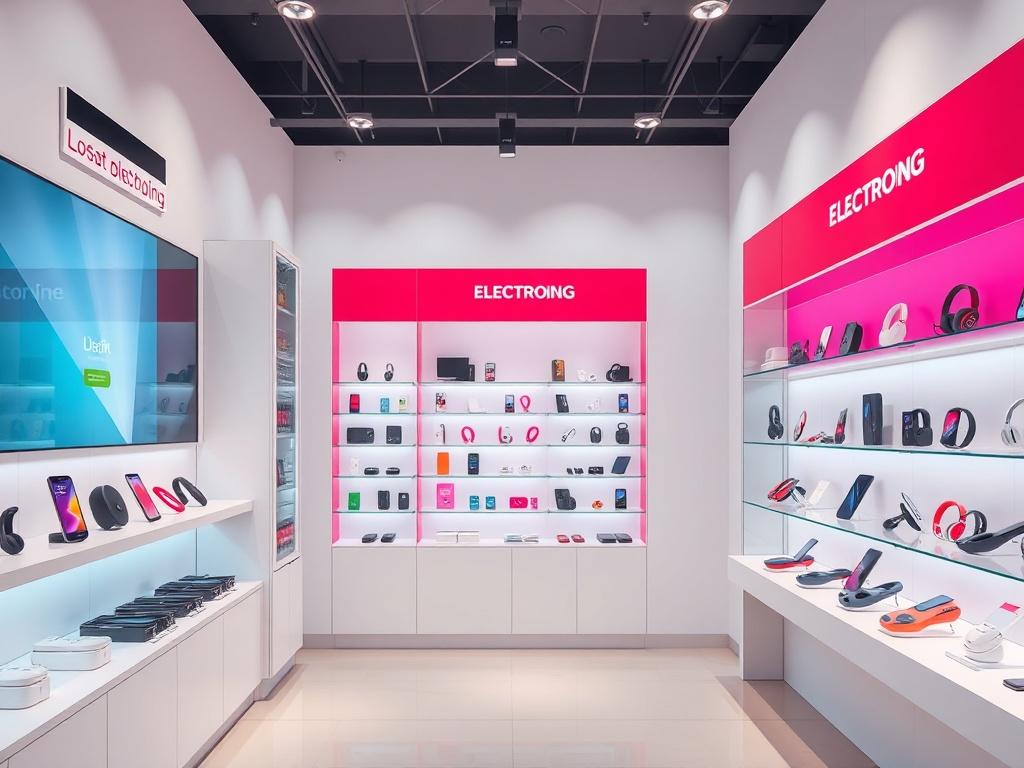 A realistic high-resolution photo of a modern electronic gadget store interior with clean lines and a minimalistic design. The focus should be on a vibrant display of the latest tech gadgets, such as smartphones and headphones, arranged neatly on shelves. The color palette should include bold vibrant colors, particularly featuring the primary color rgb(50, 170, 39) accentuating the products. The background should be simple and uncluttered, creating a welcoming atmosphere.