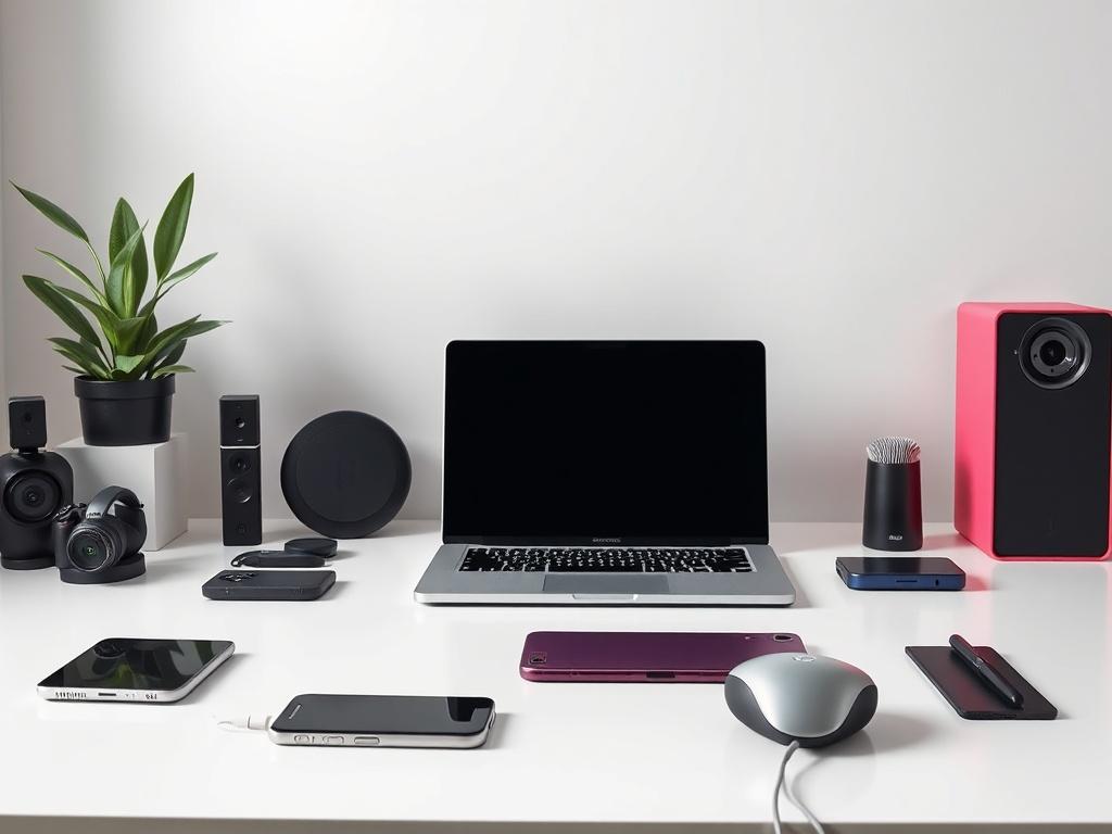 A sleek, modern workspace featuring a high-resolution laptop, smartphone, and various tech gadgets neatly arranged on a minimalist desk. The background is softly blurred, emphasizing the vibrant colors of the devices. The lighting is bright yet soft, highlighting the details of the gadgets. The overall composition is clean and inviting, showcasing the essence of cutting-edge technology.